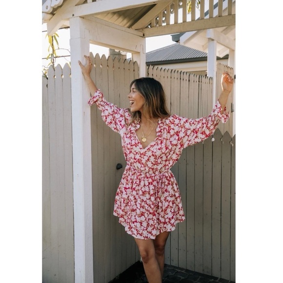 Barefoot Blonde Palm Beach Leilani Dress Pink White Floral Boho Tiered Rayon XS - Picture 13 of 15